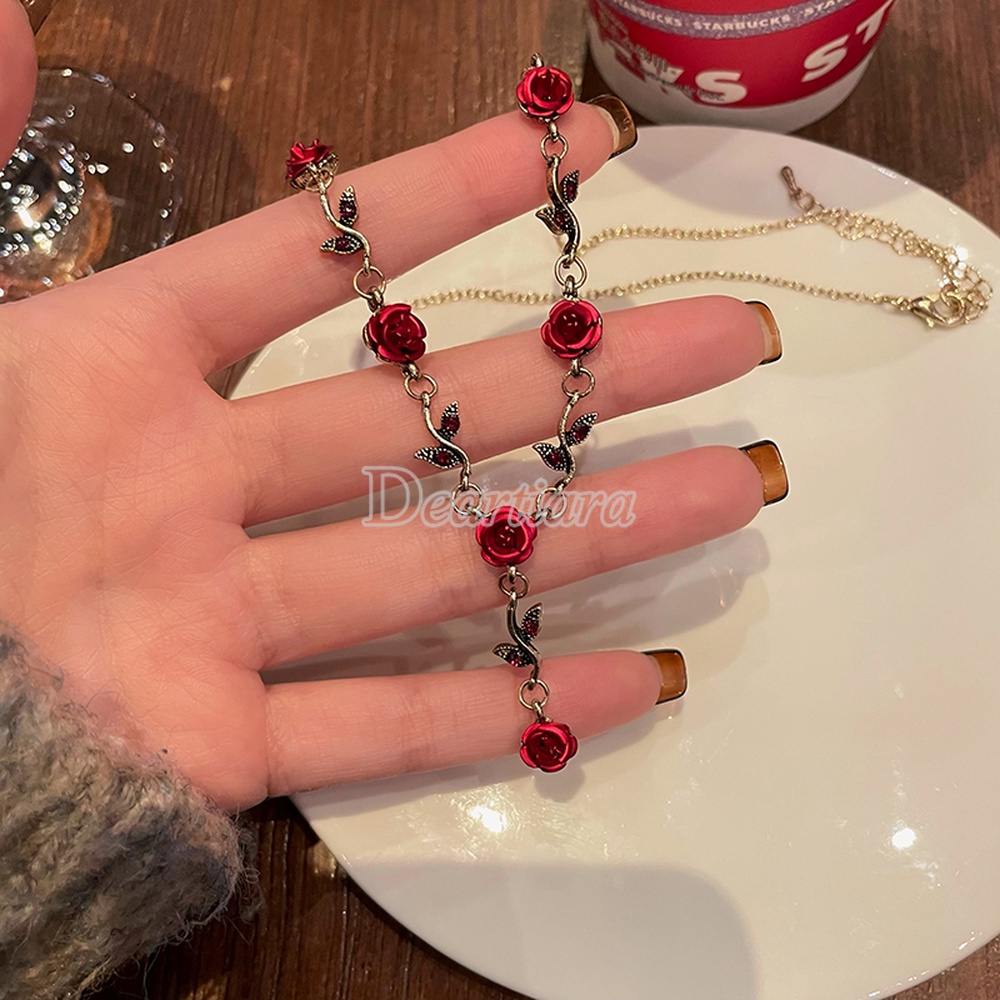 Kalung Rantai Dengan Liontin Bunga Mawar Merah Gaya Retro Perancis Untuk Wanita