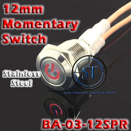 BA-03-12-SPR Switch Push ON 12mm Power MERAH Momentary Klakson Saklar Tombol tekan On ZOff Komputer Bel Anti Air