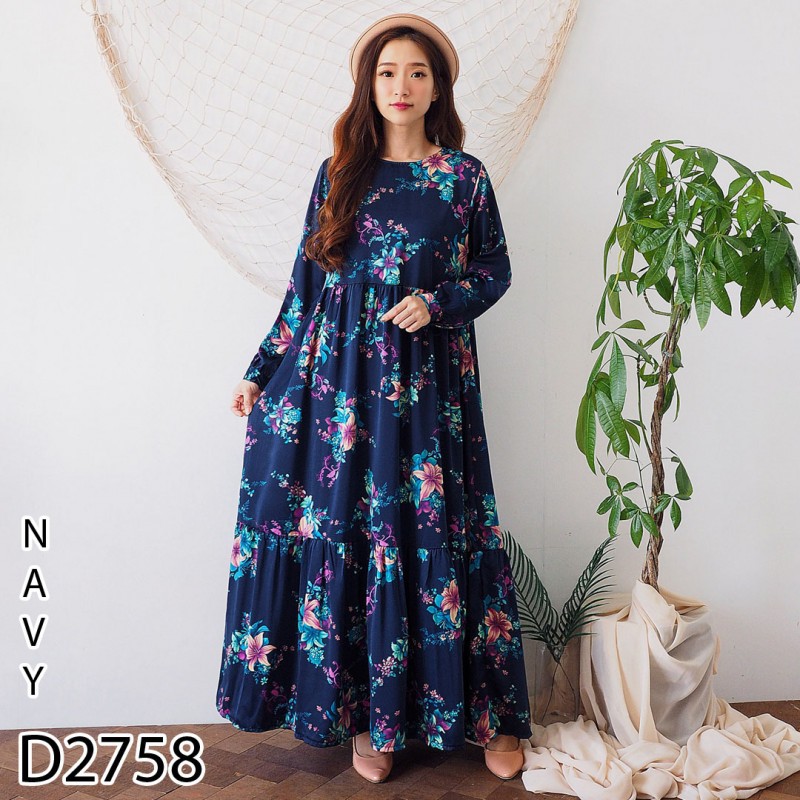 Dress satin velvet motif bunga - 2758