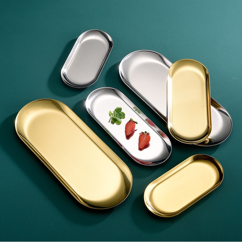 Nampan Penyimpanan Handuk / Kue / Buah / Steak / Dessert Bentuk Oval Bahan Stainless Steel Warna Emas / Silver Untuk Dapur
