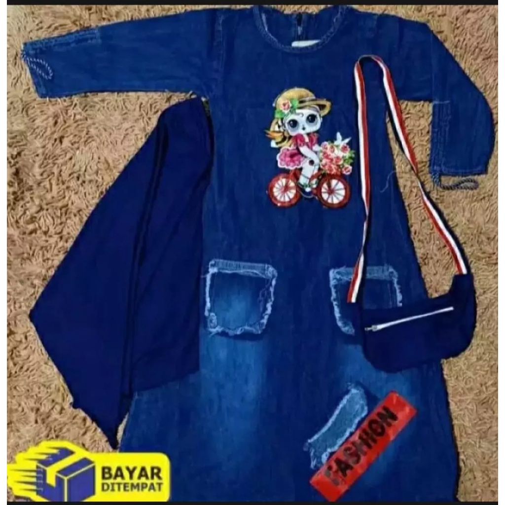 gamis jeans LOL LED anak plus kerudung dan tas 2-10thn