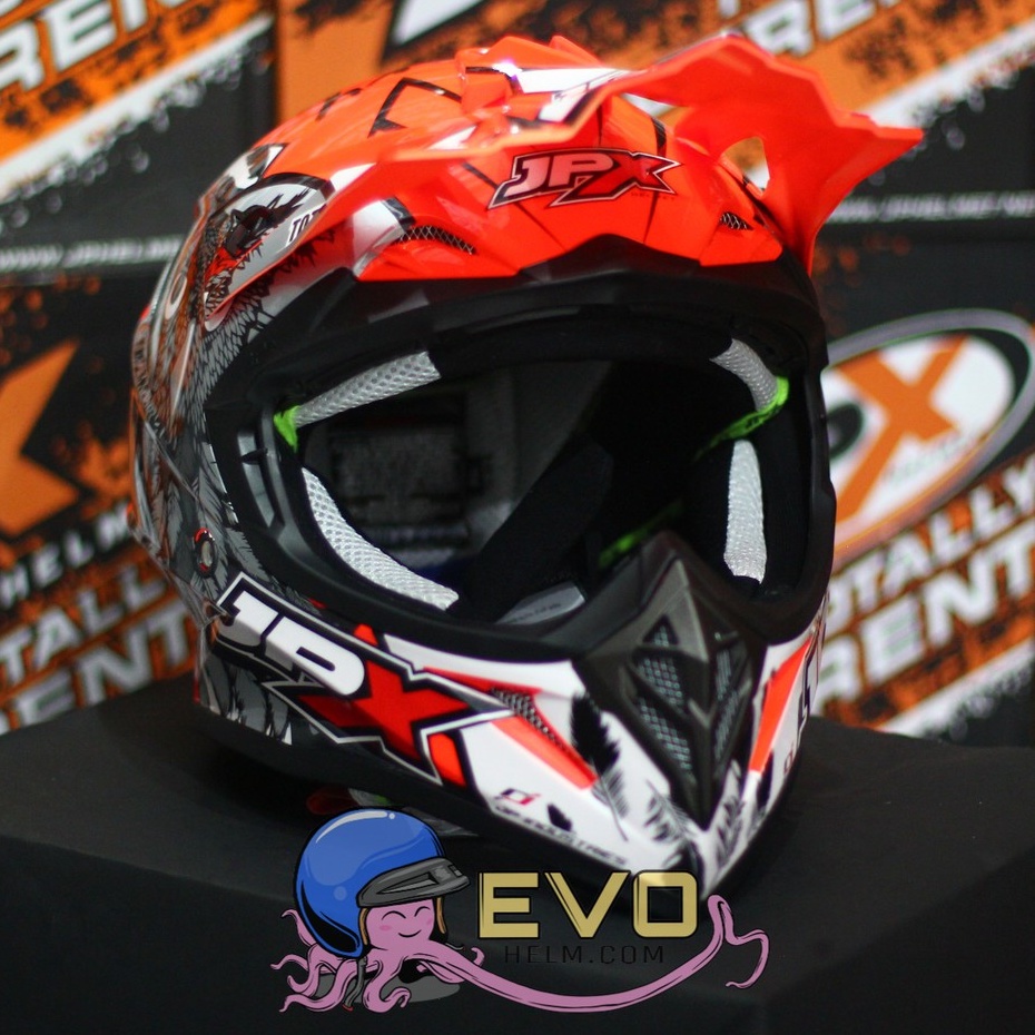 HELM JPX CROSS_FOX1 SERI X13 - FLUO RED GLOSS + GOOGLE SNAIL (ONGKIR 2 KG) JPX X13 STABILO OREN JPX ORANGE HELM CROSS MOTIF BURUNG HANTU JPX OWL HELM JPX TERBARU