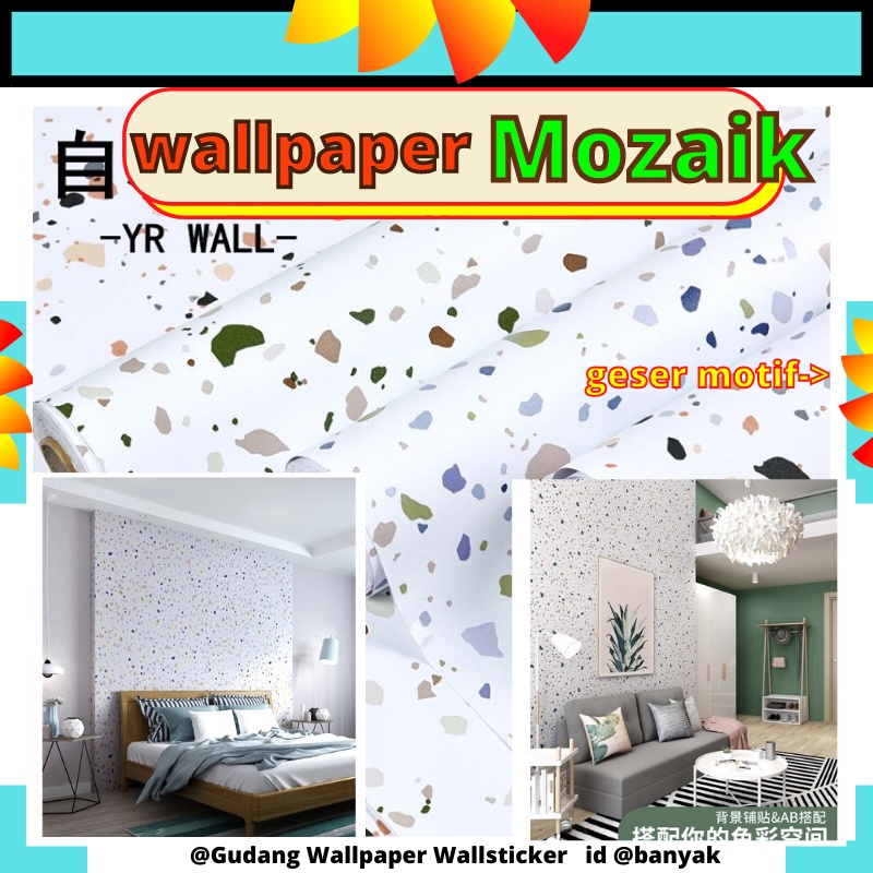 Wallpaper Motif Mozaik Wall Paper Lebar 60cm Stiker Sticker Setiker Dinding Dekorasi Rumah Tembok Ruang Tamu Keluarga Kamar Tidur Dekor Cafe Tembok Keramik kramik Kamar Mandi Dekor Kitchen Set Dapur Minimalis Wallsticker Mozaik terazo teraso Terrazzo