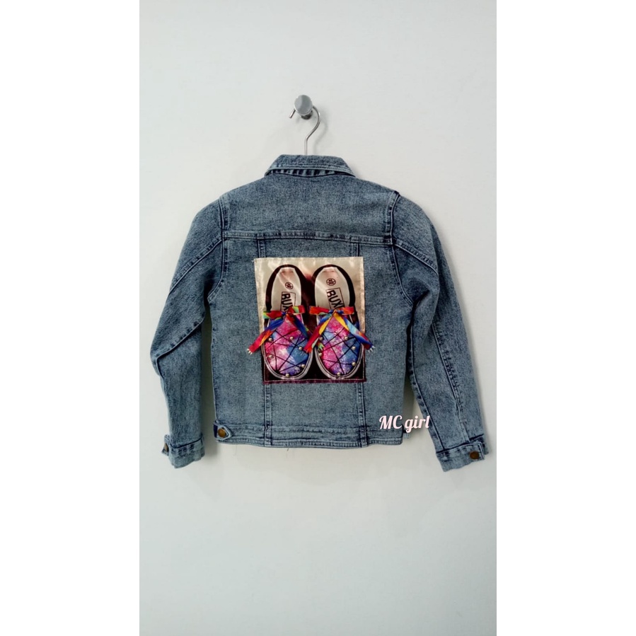 MC girl - Jaket Jeans Snow Gambar Pita Belakang Sequin Anak Tanggung Perempuan / Jaket Lepis Snowblue Gambar Belakang Pita Manik Remaja / Jaket Jins Snow Blue Gambar Sepatu Pita Belakang Wanita