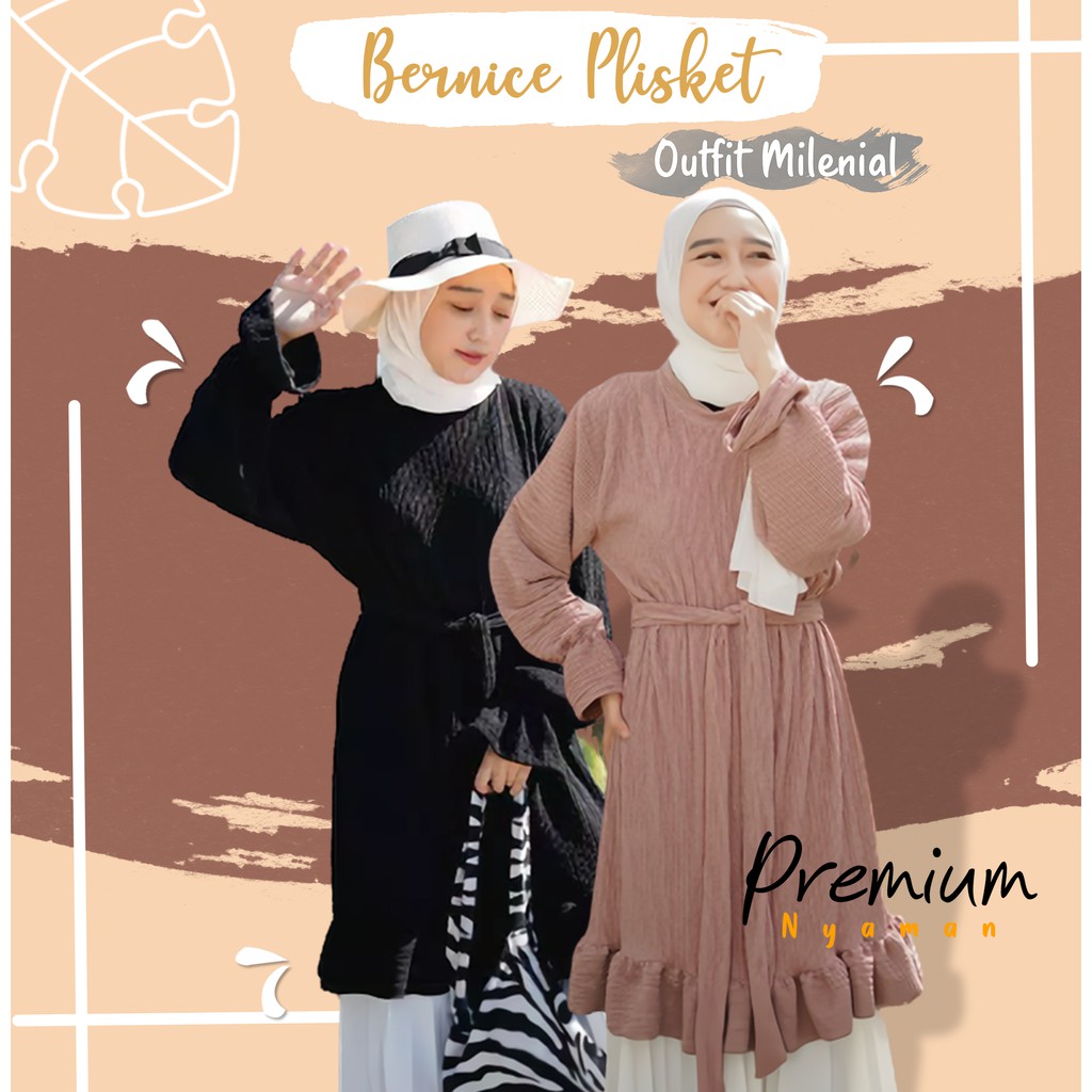 Baju Atasan Tunik Plisket Wanita Muslim Remaja Terbaru Lengan Panjang Outfit Kekinian Import Premium