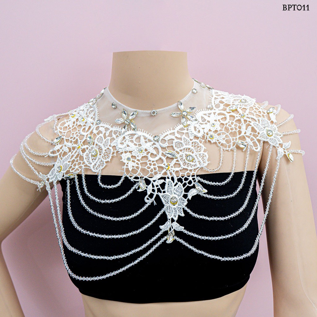 (FAVORITE) AKSESORIS BOLERO PENGANTIN WANITA MUTIARA CRYSTAL LACE PUTIH BPT011