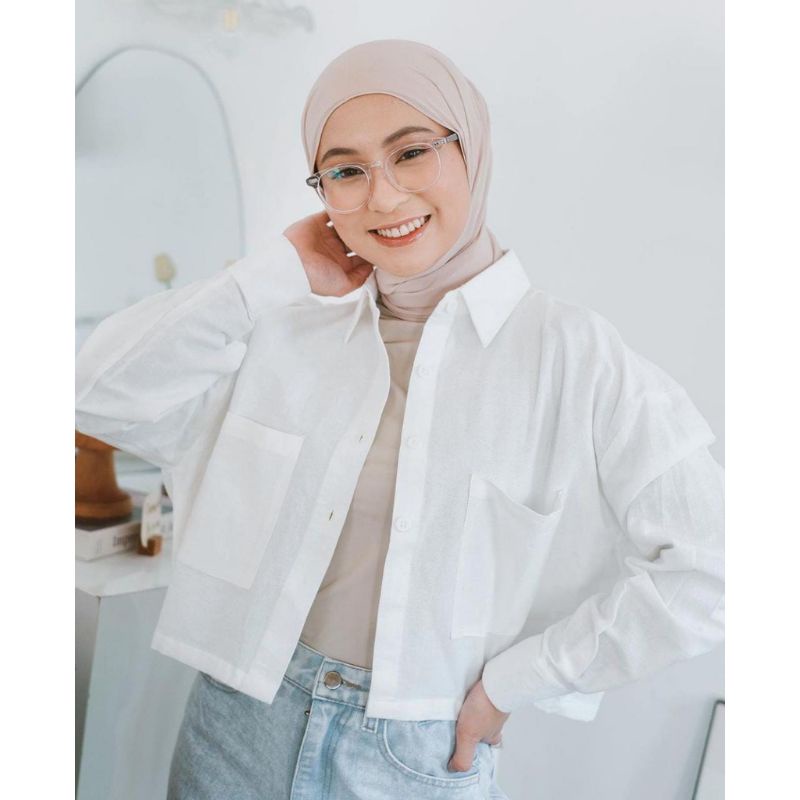 Kemeja wanita croptop / outer linen-Gita Putih