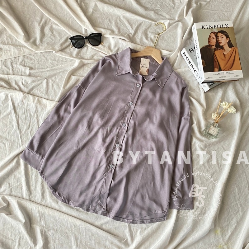 KEMEJA BASIC KONINA BAHAN RAYON | KEMEJA BLOUSE WANITA BAHAN ADEM FULL KANCING-Grey Konina