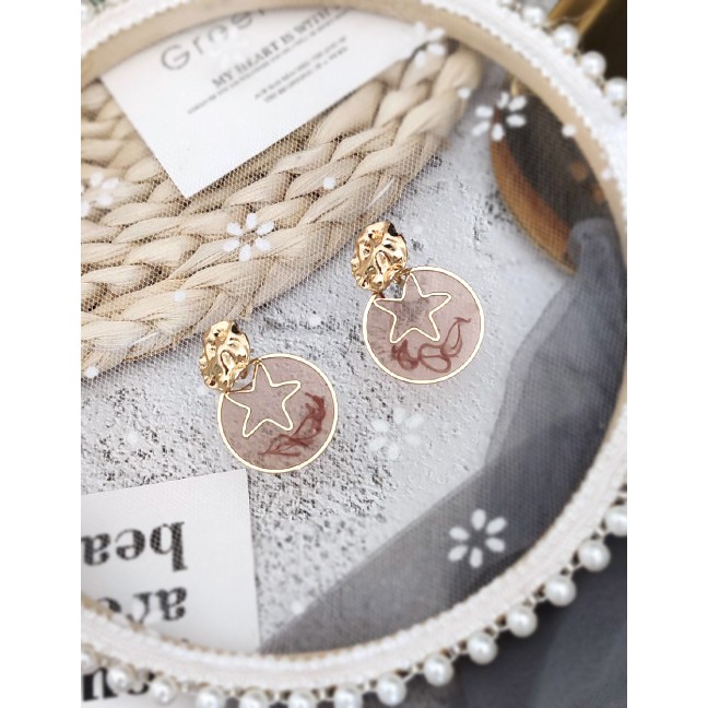 LRC Anting Tusuk Fashion Gold Star Round Hollow Earrings D23373