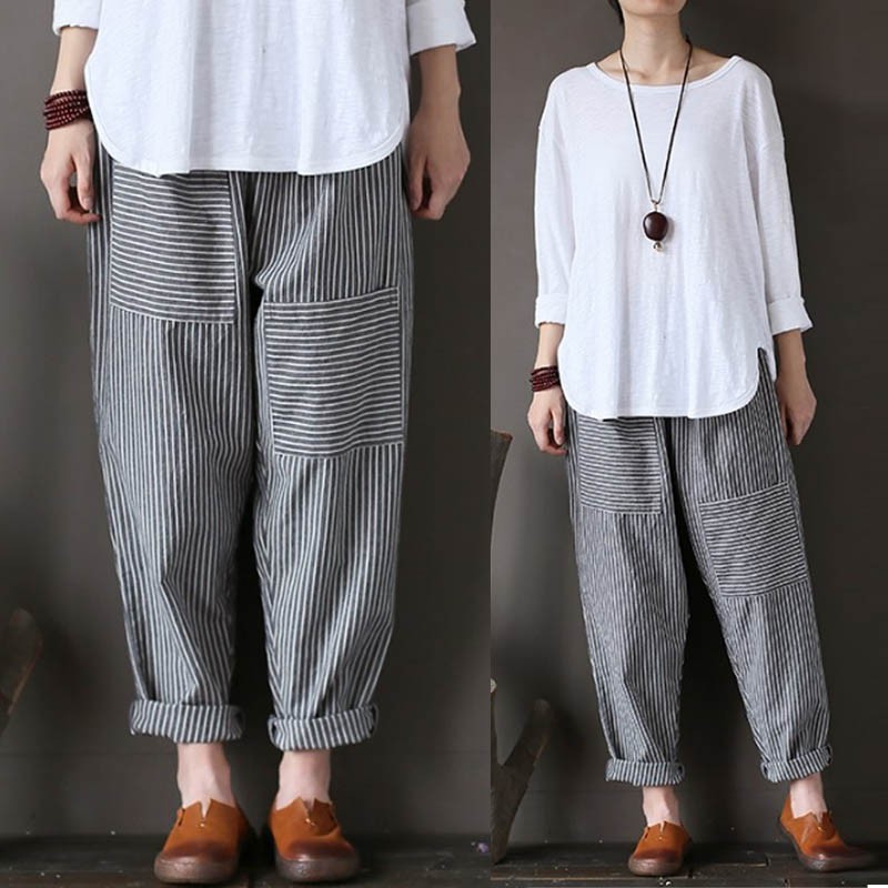 ZANZEA Celana Panjang Longgar Casual Motif Garis dengan ZANZEA Celana Panjang Longgar Casual Motif Garis dengan