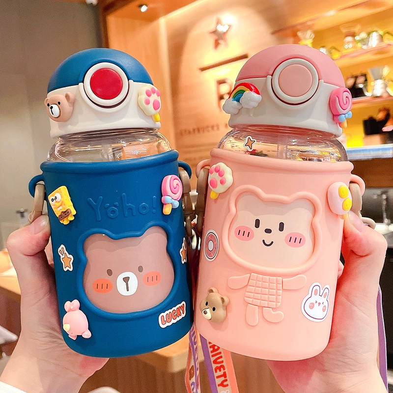 Botol Minum Anak Sedotan Karakter Lucu Ukuran 620 ml S05 Botol Air Minum Anak Sekolah SD TK BPA Free Tali Panjang Bening Transparan