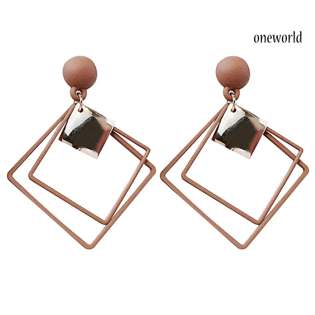 OW@ 1 Pair Ear Studs Piercing Concise Style Alloy Double Square Dangle Earrings for Gift