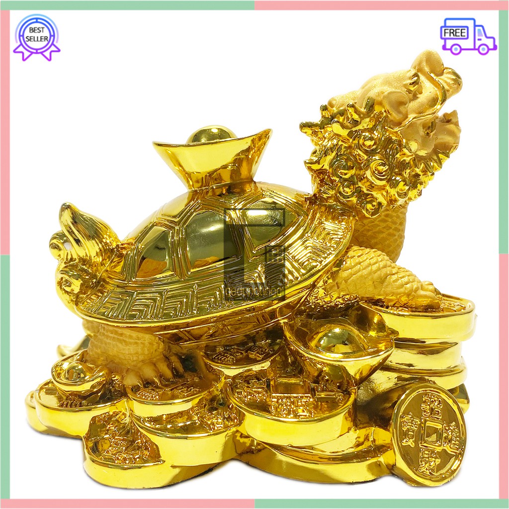 Patung Pajangan Hiasan Dekorasi Kado Hadiah Imlek Sincia Cny 2023 Hewan Kura Kura KuraKura Penyu Turtle Kepala Kaki Shio Sio Naga Dragon Head Lungkui Coin Koin Amulet Hoki Lucky Amulet Rejeki Keberuntungan Feng Shui Gold Emas Kilap Kuningan Kecil Mini