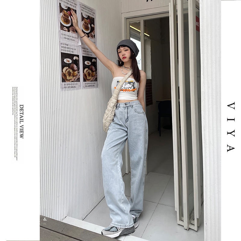 korean new Biru muda high waist longgar  celana  kulot jeans panjang wanita