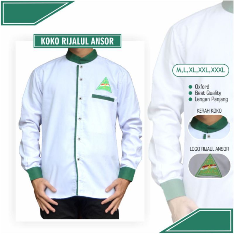 Baju Koko NU Rijalul Ansor Putih list Hijau | Koko Pria Ansor| Kemko Keren | Fashion Muslim