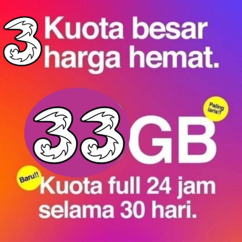 [MURAH] Kuota Tri 33GB | Aon Unlimited | Getmore | Paket Happy