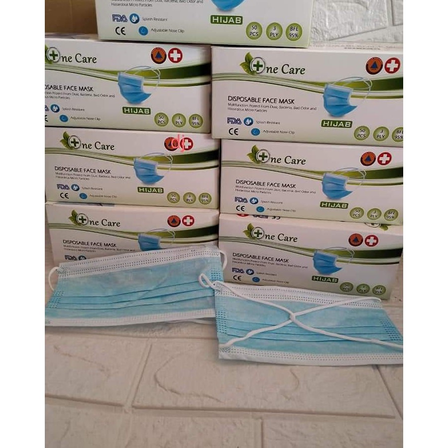 MASKER  3 PLY NON MEDIS HIJAB HEADLOP CARE 1 BOX 50 PCS