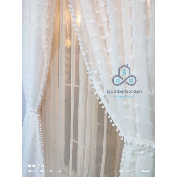 Gorden transparan rubia renda pompom smokring | hordeng putih tipis ring | gorden tipis ruby pompom
