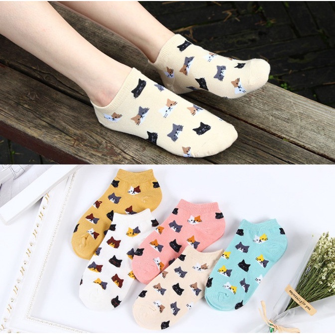 Kaos Kaki Pendek Socks Wanita Many Cats Motif Cute Lucu Unik SHC021