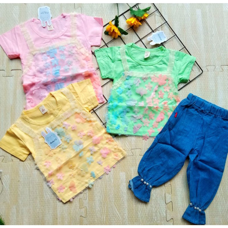 [1-5 TAHUN] SETELAN ANAK PEREMPUAN CELANA JEANS PANJANG MUTIARA IMPORT+KAOS LUCU BAHAN KATUN COTTON BUNGA RENDA 1 2 3 4 5 TAHUN