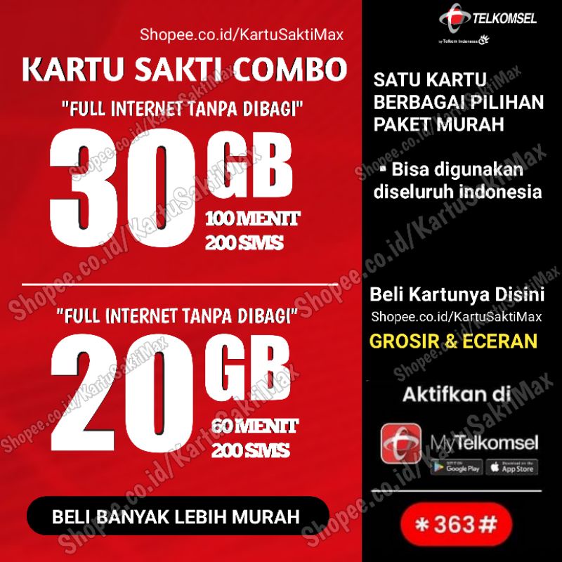 KARTU SAKTI 30GB Telkomsel Combo Sakti Paket internet Telkomsel Nelpon SMS Sakti Simpati/As/Loop max