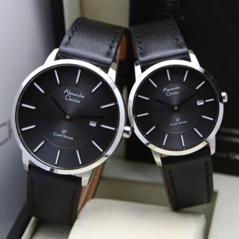 Alexandre Christie Original AC8653 Jam Tangan Couple Tali Kulit hitam silver