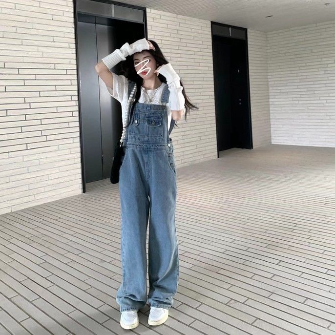 Overall denim wanita musim semi dan musim panas 2022 baru pria kecil berpinggang tinggi yang tipis d