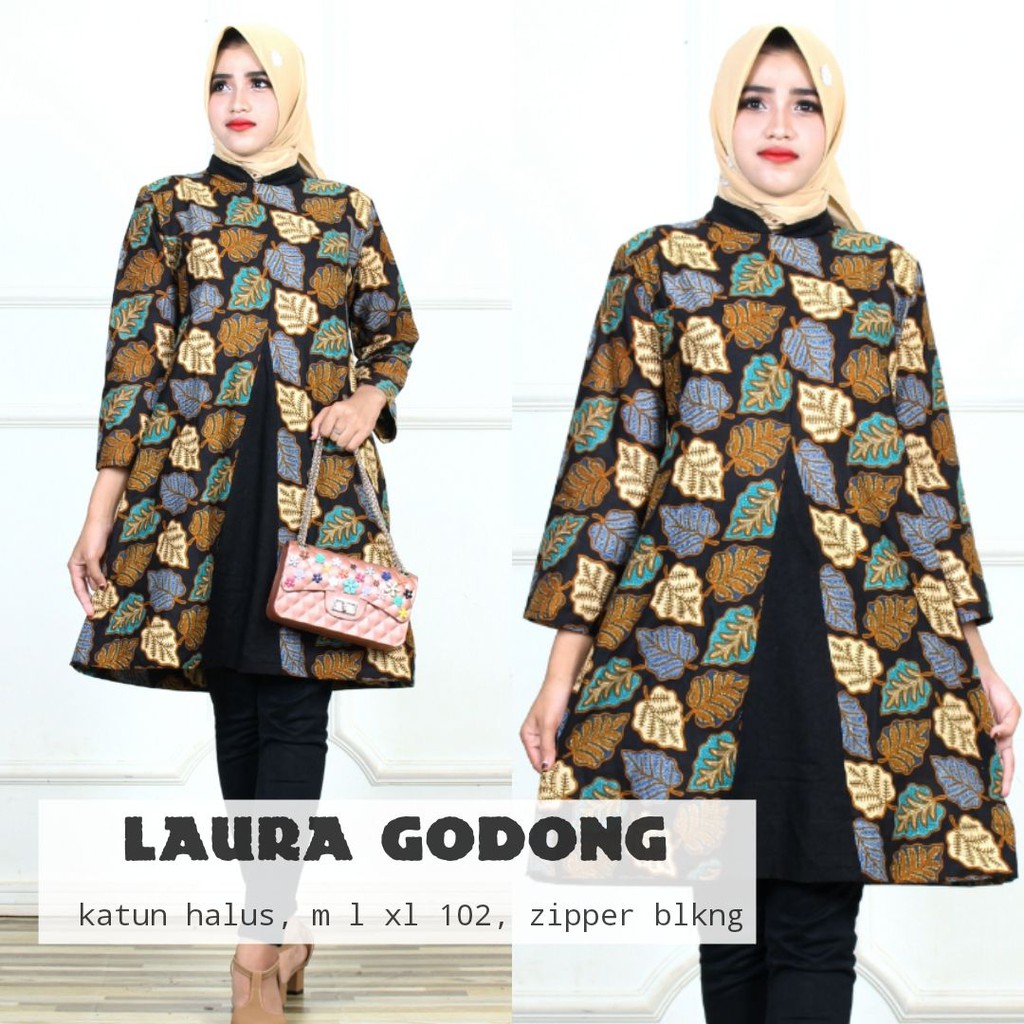 Tunik Laura Godong Seling Warna Aksen Belahan Depan Batik Muslim Kantor Midi