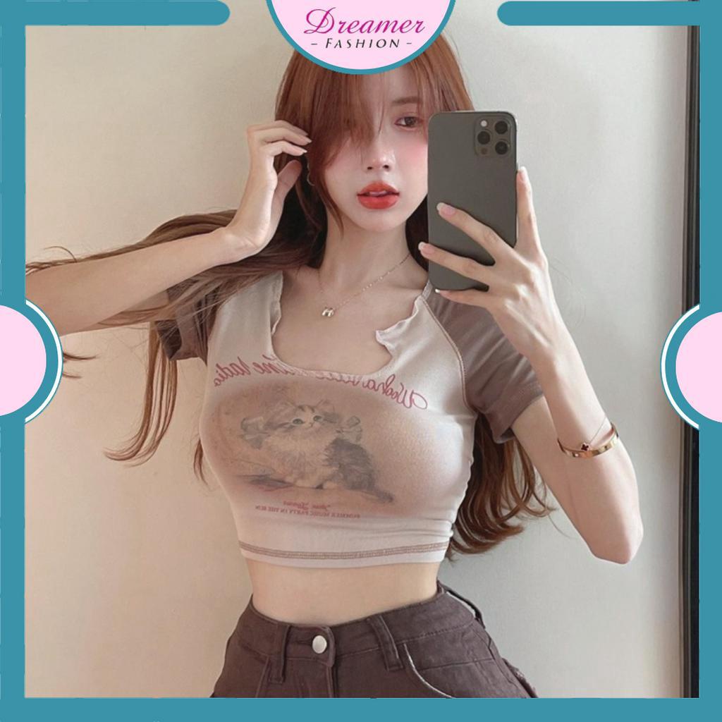 DF BJ381 Crop Top Korean Cuties Cat T-shirt Baju Kaos Pendek Motif Kucing
