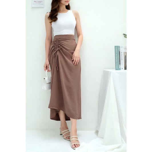 Rok Serut Crinckle Casual Flowy - Midi Maxi Ruched Skirt - Rok Wanita Korean Look-MAGENTA