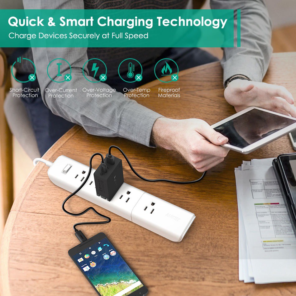 AUKEY PA-Y2 - Desktop Wall Charger - USB Port and Type-C - Support QC3.0