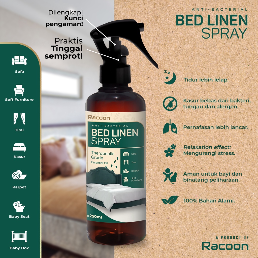 Racoon Bed Linen Spray / Anti Bacterial, Anti Fungus &amp; Anti Virus / Essential Oil RACOON 250ml FREE TRAVEL SIZE 60 ML