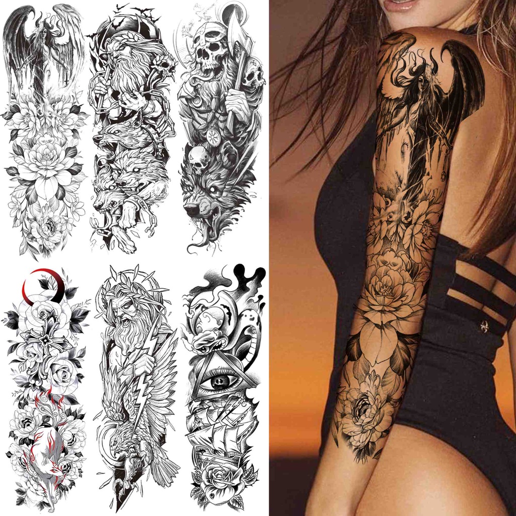 Flower Temporary Tattoo For Women Men Adult Full Arm Demon Wings Tattoos Sticker Sleeve Fake Black S
