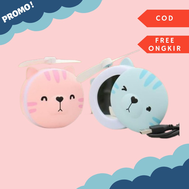 makeup mirror mini fan cermin kipas led 3 ini 1