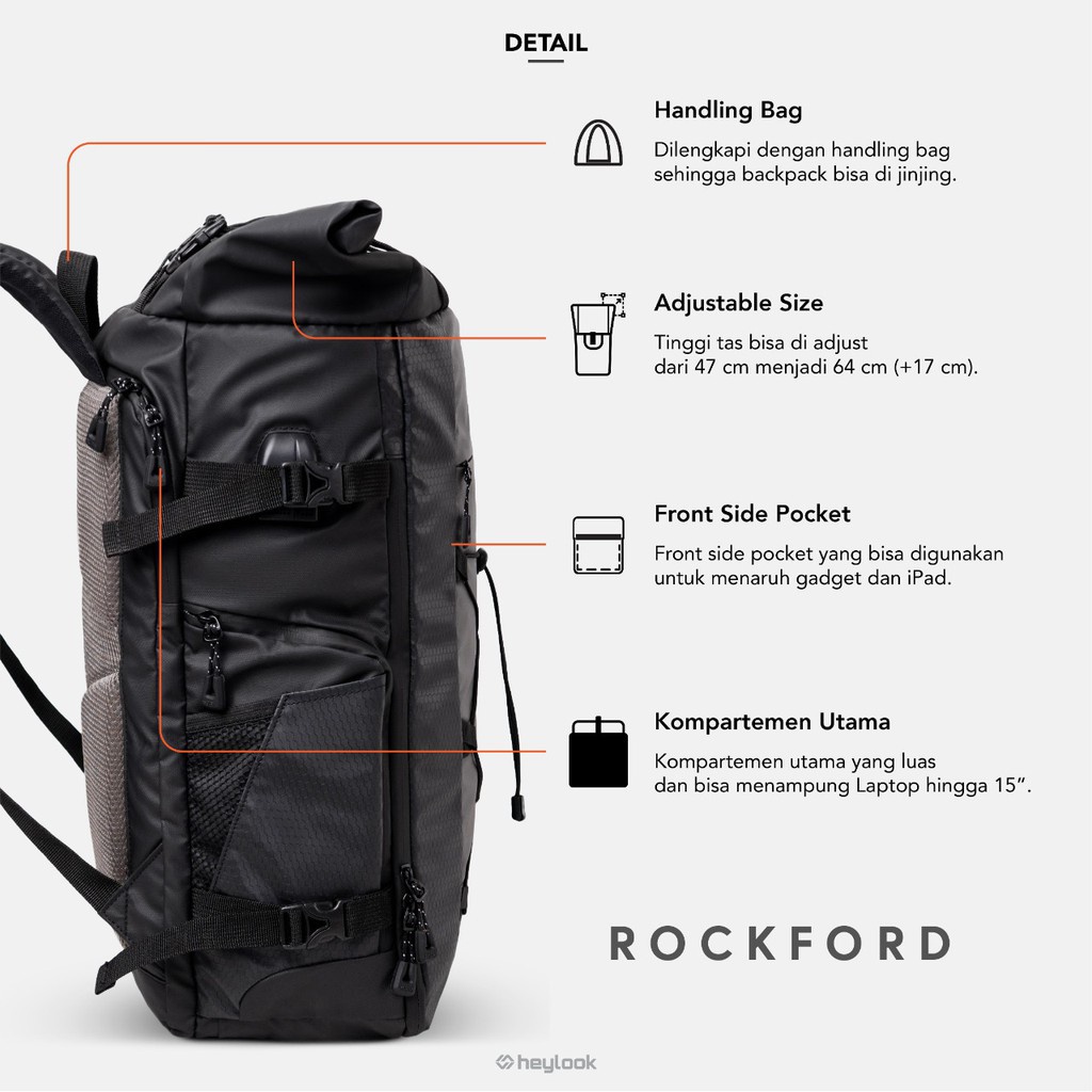 HEYLOOK Project - Backpack ROCKFORD Tas Ransel Laptop Waterproof USB Connector Tas Travelling Anti Air Tas Backpacker Tas Travel Mudik Pria Wanita Terbaru