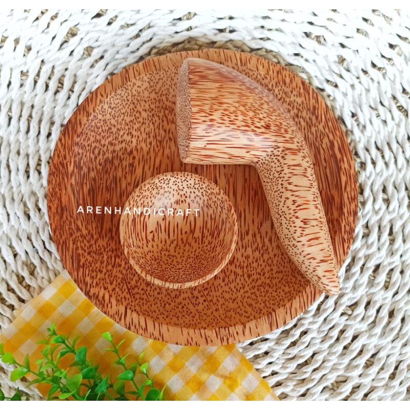 ARENHANDICRAFT Cobek set kayu kelapa bulat 20cm