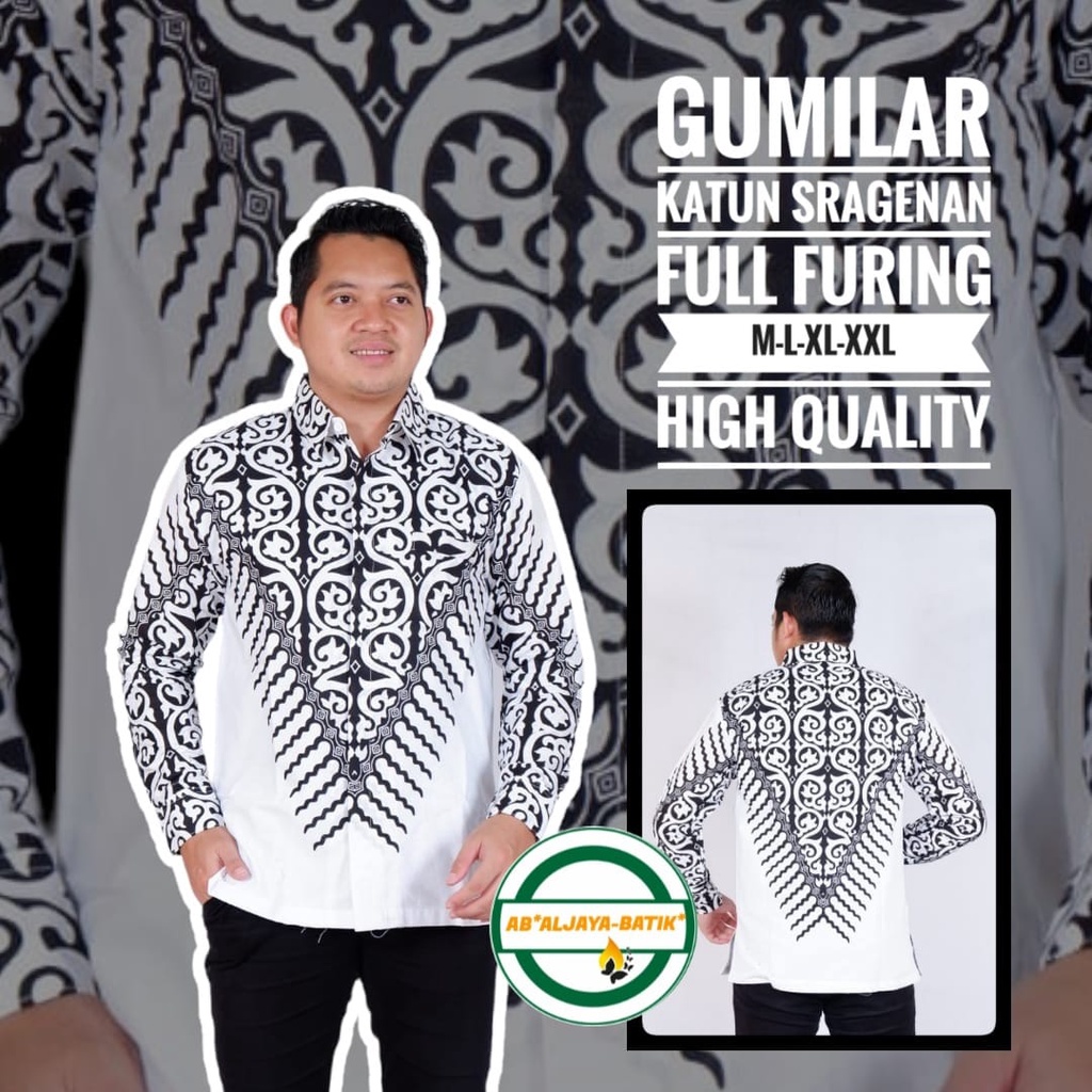 GUMILAR PUTIH PREMIUM Kemeja Batik Pria Full Furing Warna Putih hitam Katun Halus Primisima Asli Batik solo