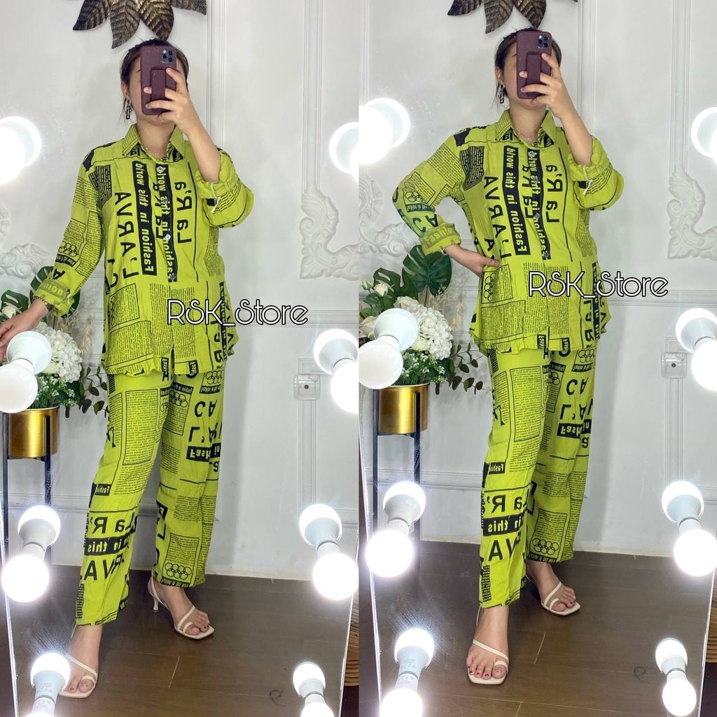 RSK-(BISA COD) Setelan Wanita Motif Koran - Set Rayon Termurah - One Set Kekinian-HIJAU KORAN