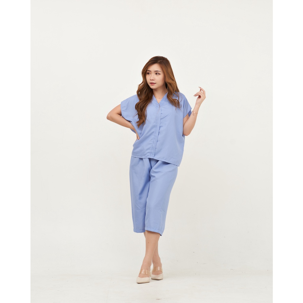 IZANY Piyama Dewasa Daily ONE SET V / SET Kulot Kimono PLAIN Polos-BLUE PLAIN