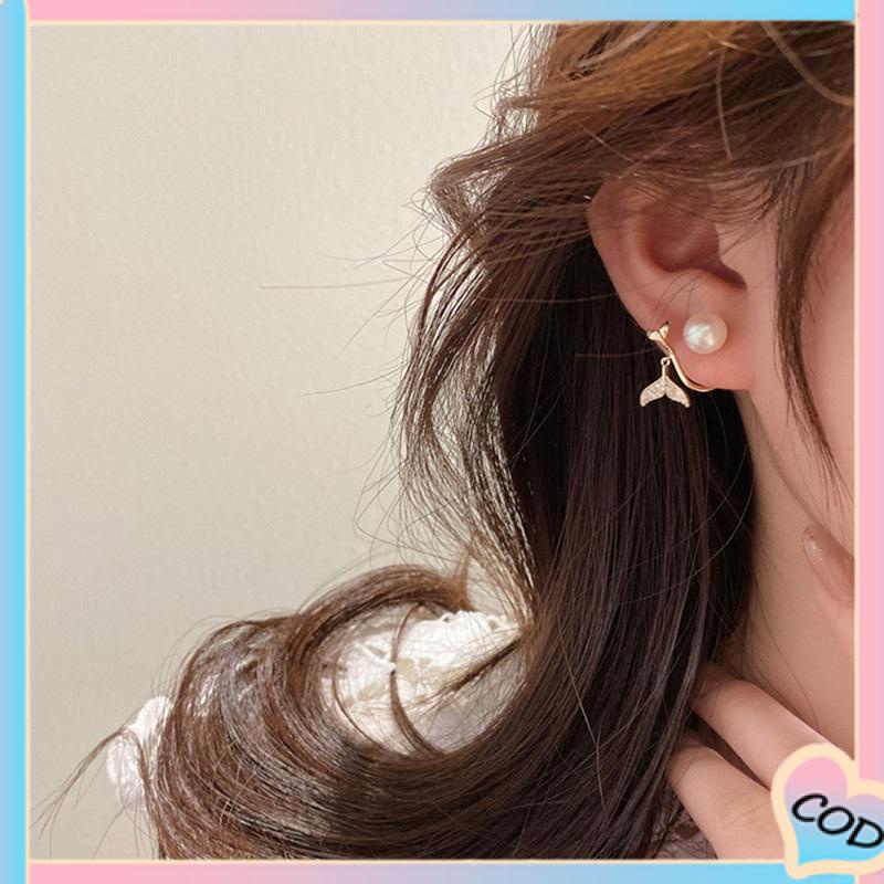 COD❤️ Pearl Fishtail Back Hanging Earrings Wanita High-end Cahaya Mewah Penuh Berlian Anting Geometris-A.one