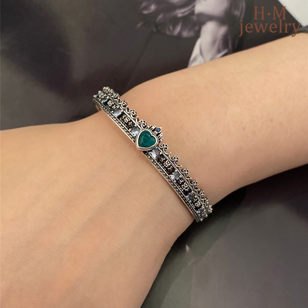 Gelang Tangan Silver Thai Vintage Desain Mahkota Salib Hati Hias Zircon AAA Multi Warna Untuk Wanita