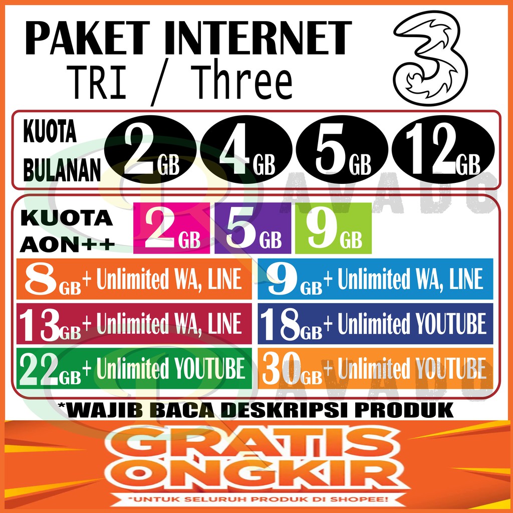 PAKET KUOTA DATA INTERNET THREE TRI AON 4GB 9GB 12GB 15GB ...