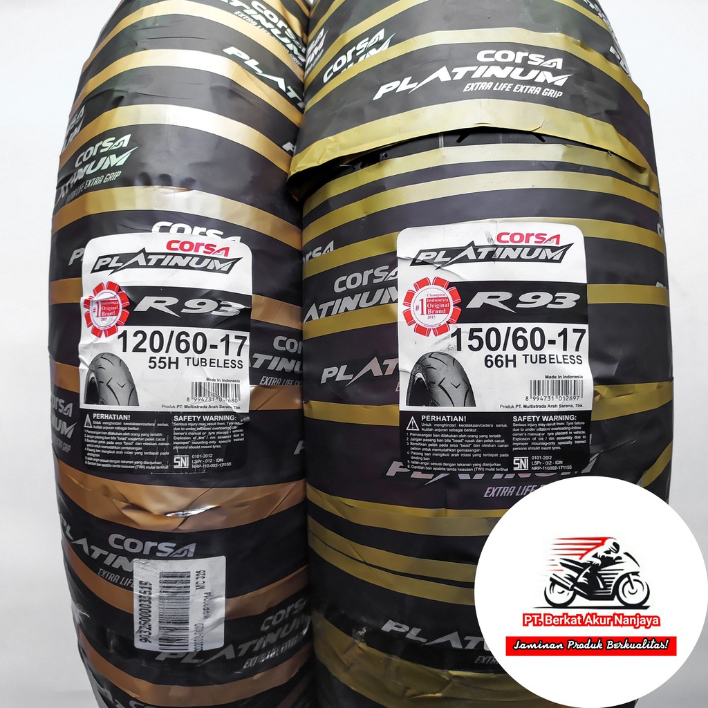 Corsa Platinum R93 120/60 &amp; 150/60-17 Sepasang Ban Motor Sport Tubeless BONUS Pentil