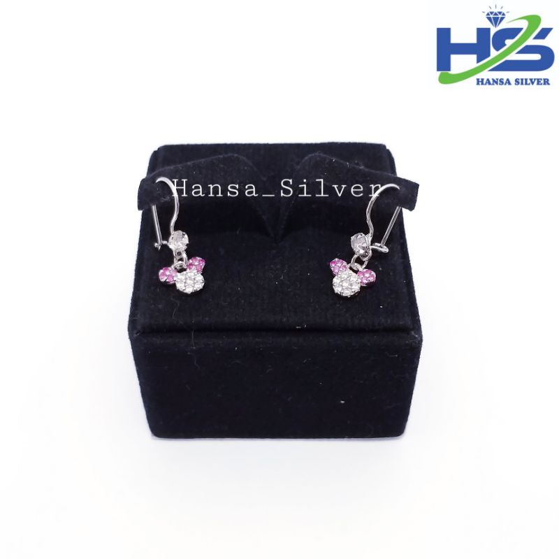 Anting Bayi Anak Perak Asli Silver 925 Lapis Emas Putih Model Desi Mickey Mouse Permata Pink Hitam Putih