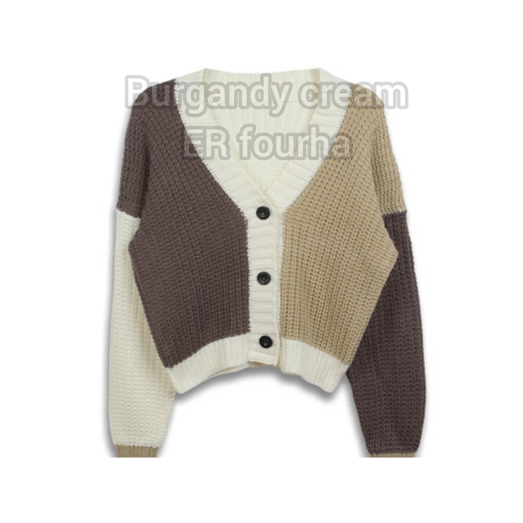 Cardigan Rajut SHAFA Type 3get | Rajut TEBAL Premium | Pakaian Wanita | Outerwear Wanita-burgandy,kream