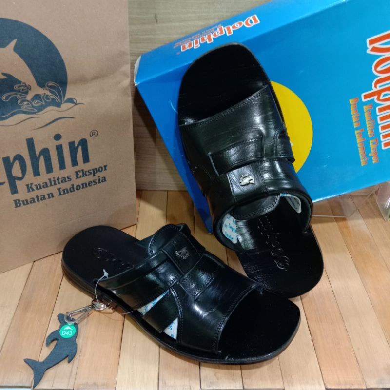 sandal kulit pria DOLPHIN D-43 Hitam Sorong/kokop ORIGINAL.Sandal kulit pria kualitas ekspor.