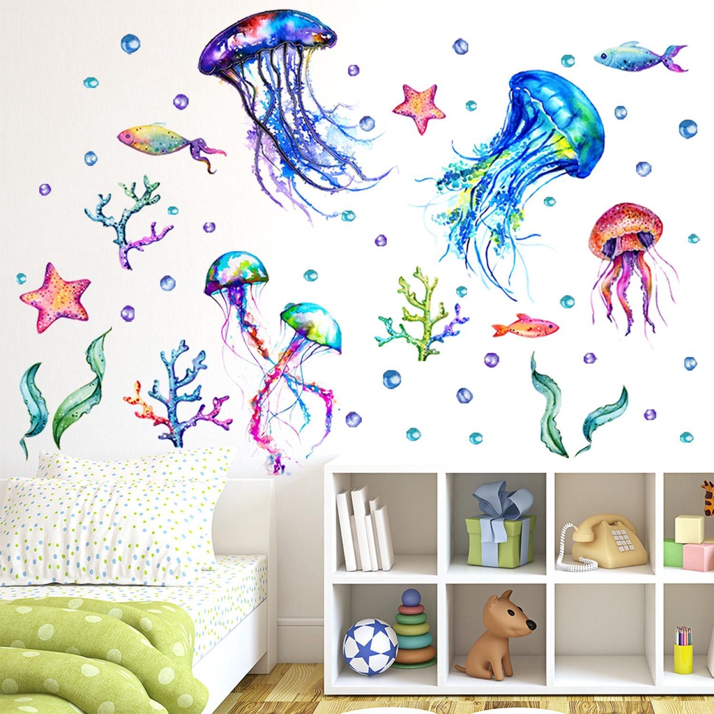 R-flower Ocean Jellyfish Wall Stiker Kamar Tidur Anak Rumput Laut/Bintang Laut/Gelembung Vinyl Bawah Laut Dekorasi Rumah