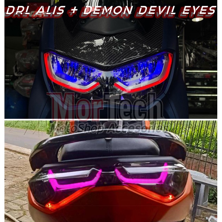 Sepaket Custom DRL Neon Lampu Alis Lazy + Demon Devil Eyes LED Style Xmax untuk Lampu Depan & Lampu 