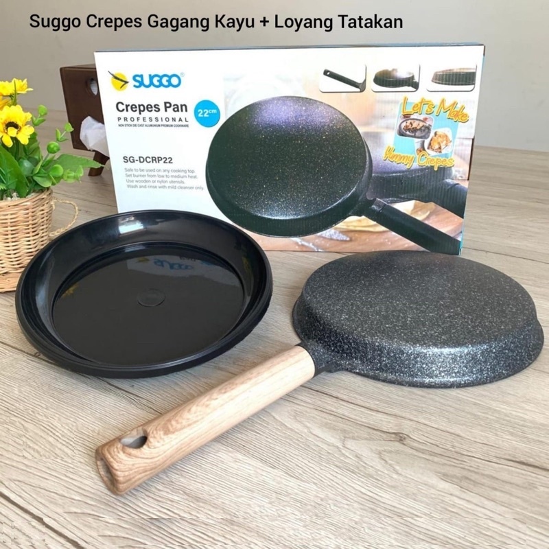 [Free Loyang] Suggo Crepes Maker 22 CM Gagang Kayu Wajan Kwalik Crepe Teflon Cetakan Kulit Lumpia Risoles Leker Anti Lengket