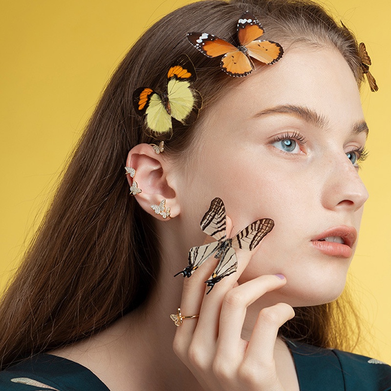 COD❤Temperamen Penuh Berlian Kupu-kupu Klip Telinga Wanita Anting-Anting Perhiasan Hadiah Aksesoris  Tri